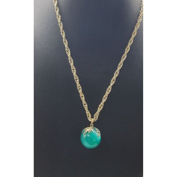 Germany Vintage Lucite Ball Pendant Necklace Opalescent Blue Green Filigree Top